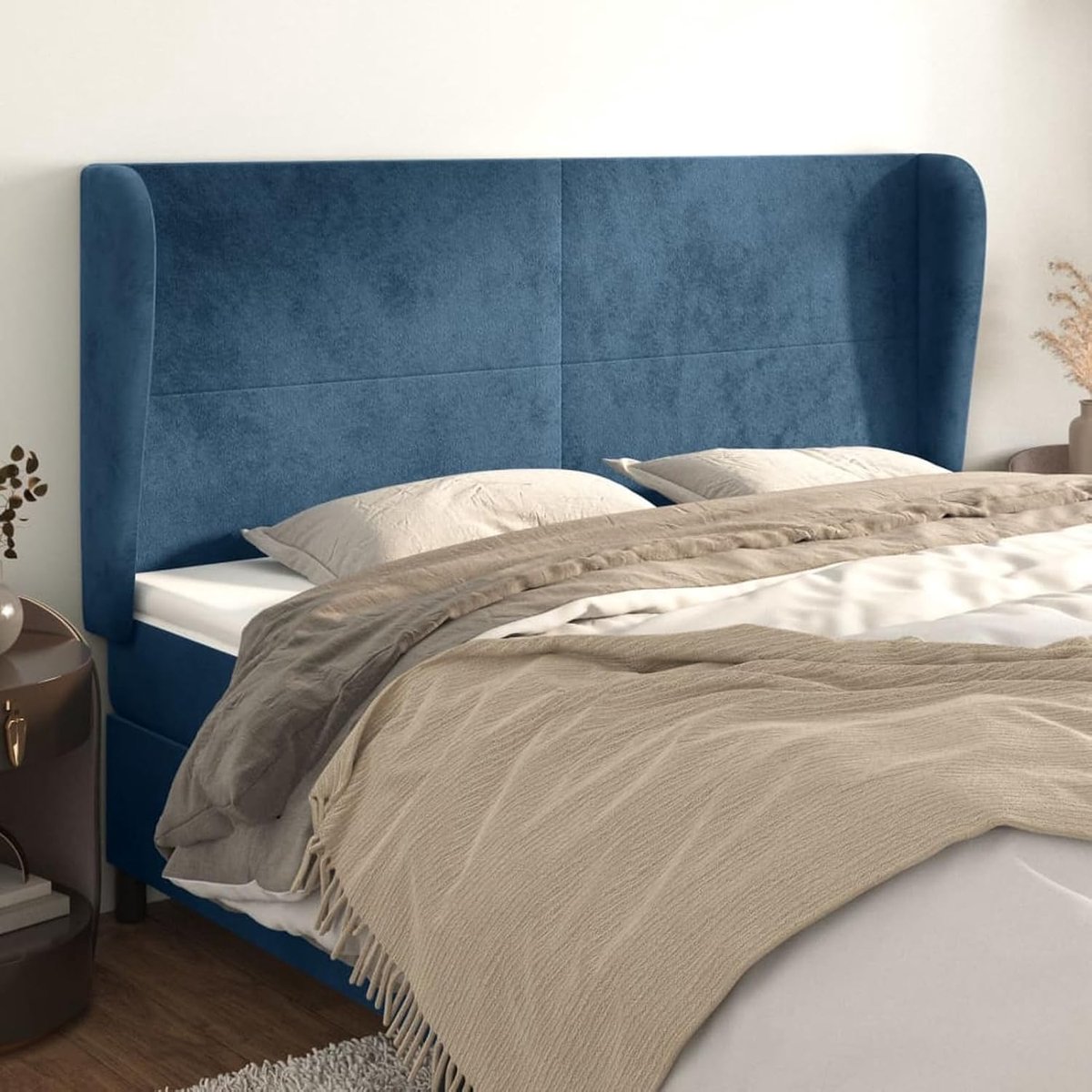 Hoofdeinde met oren, donkerblauw, 203 x 23 x 118/128 cm, fluweel, hoofdeinde voor residentie, slaapkamer, volwassenen, jongeren, 3117746