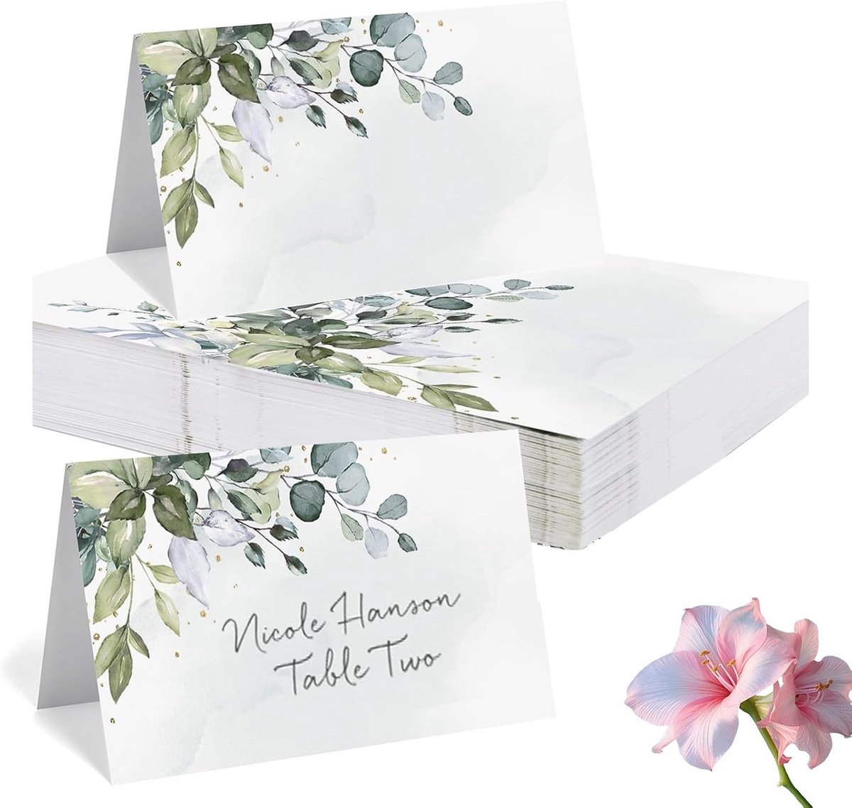 50 stuks tafelkaarten voor bruiloft, 9 x 5 cm, tafelkaarten, naamkaarten, plaatskaarten voor verjaardag, vormsel, communie, doop, feest, enz., tafeldecoratie, tafelkaartjes (eucalyptus)