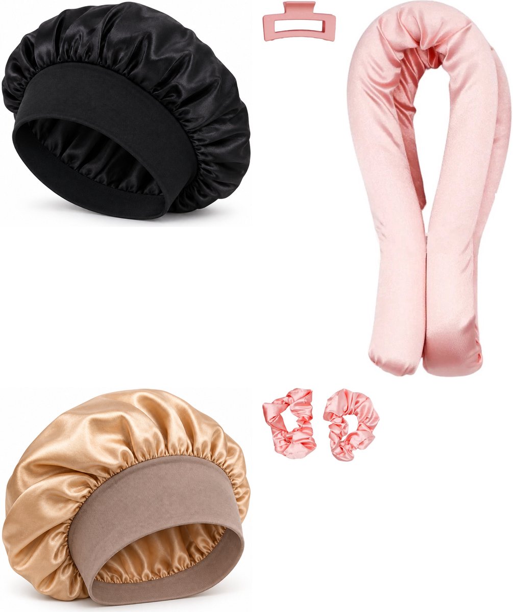 Professor Q Heatless Curls Set - Heatless Curlset met 2 Elastiekjes en Klem - Bonnet Zwart - Bonnet Goud