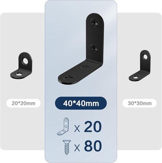 20 stuks 40 x 40 mm, hoekverbindingen, metalen hoekverbindingen, hoek van 90 graden, met 85 stuks schroeven, roestvrijstalen metalen hoekklemmen, L-klemmen, voor het versterken van houten — afbeelding 5