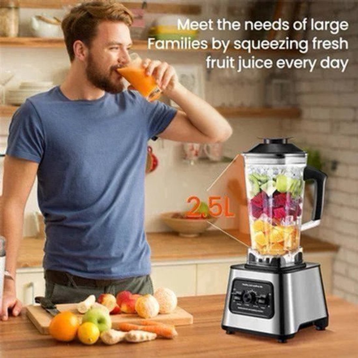 Blender – Smoothiemaker – Powerblender – Keukenmixer – Staande Blender – 6000W Krachtige Motor – Groot 2,5L Inhoud