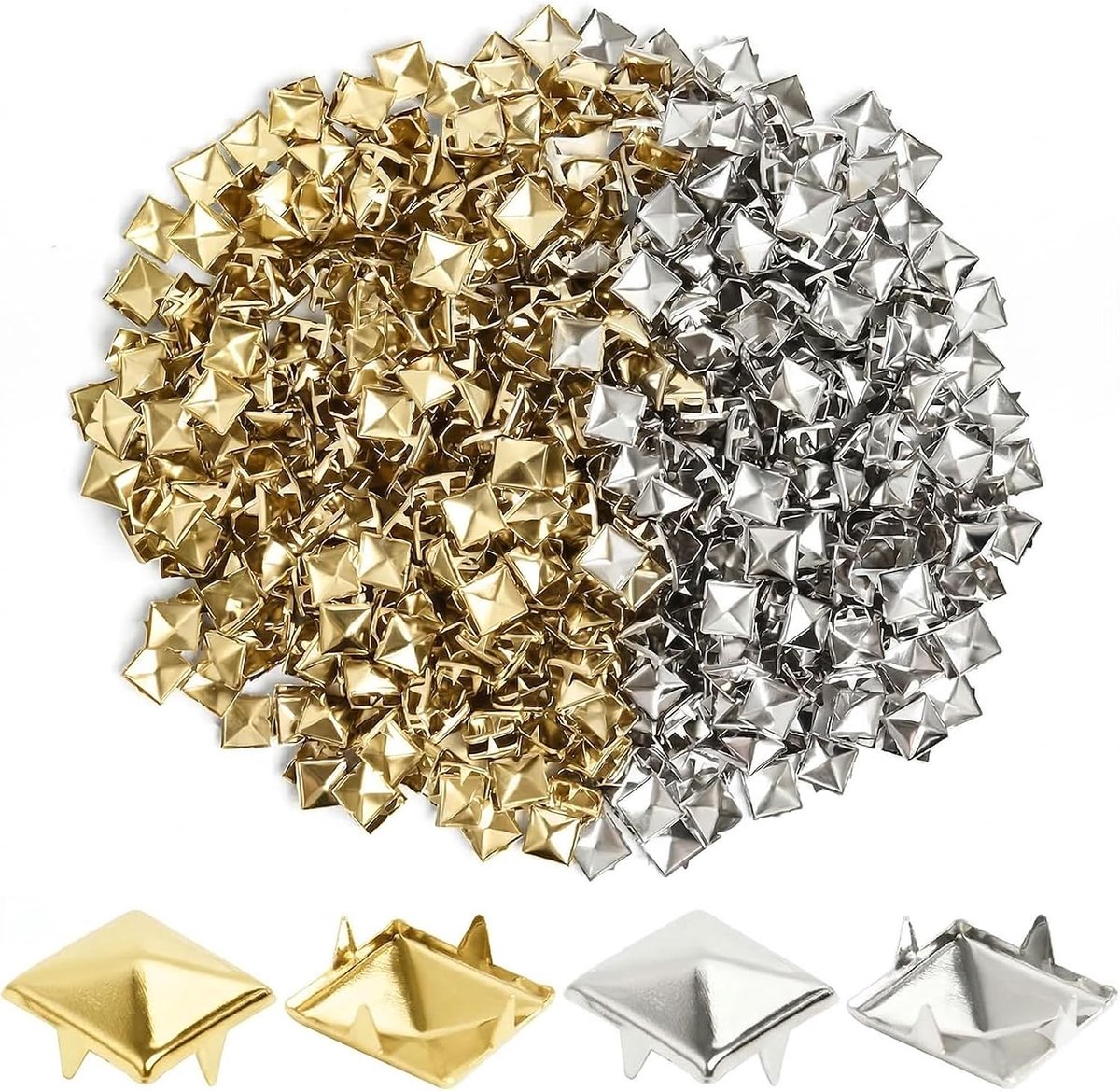 200 vierkante klinknagels, 10 mm, in zilver en goud, studs en klinknagels voor leer, textiel en kleding, stijl- en knutselaccessoires