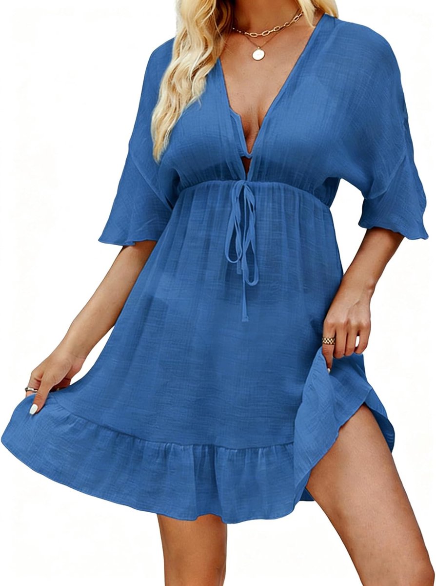 Mujer Ropa de Baño Vestido Suelto Vestidos Cordón en La cintura Ropa de Playa Cuello en V Bikini Transparant Algodón Cover Up