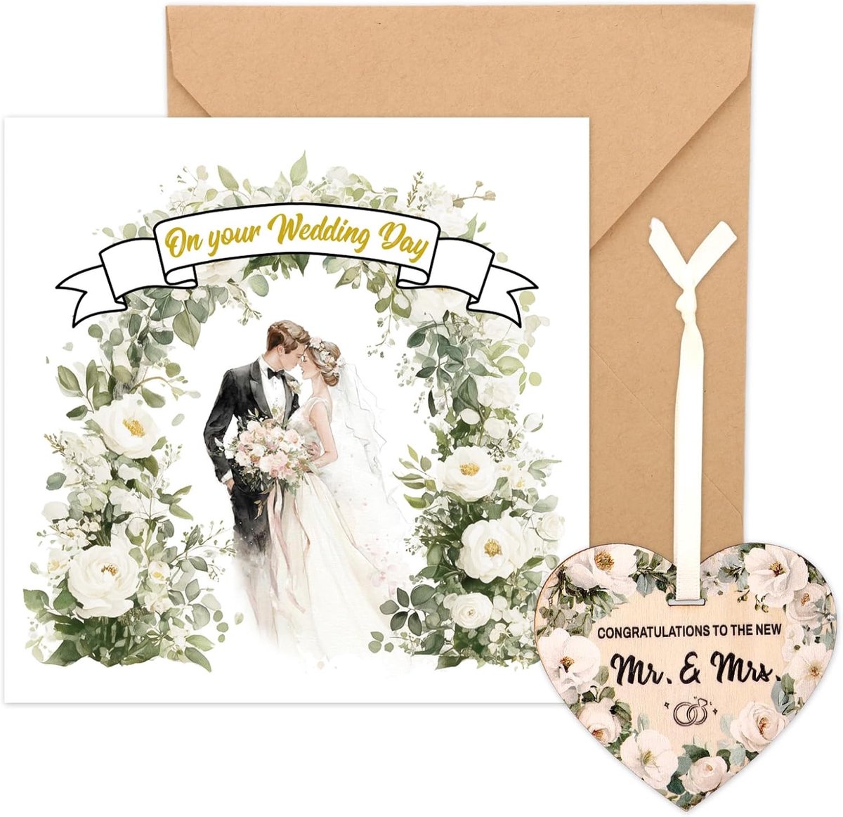 Trouwkaart voor Bruid & Bruidegom, Romantische Trouwdag Wenskaart met Houten Hart Plaquette & Envelop voor Verlovings Bridal Shower Familie Vrienden Paren Cadeau