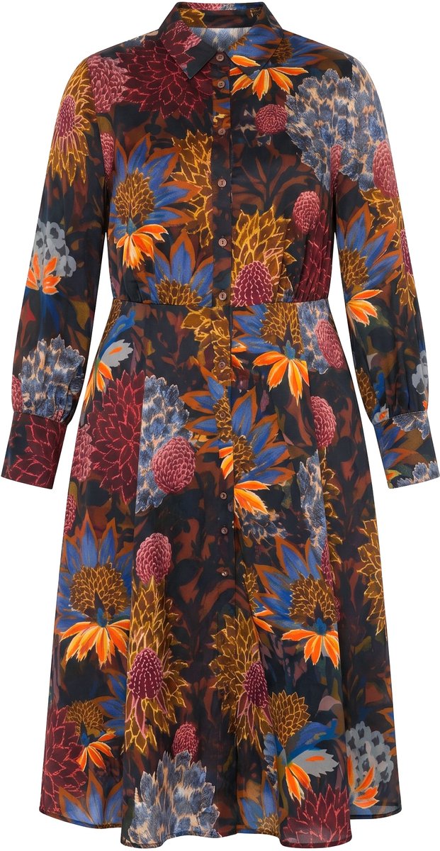 Ulla Popken - Dames - Midi-overhemdjurk A-lijn overhemdkraag lange mouwen - Chocolade - Maat 46+