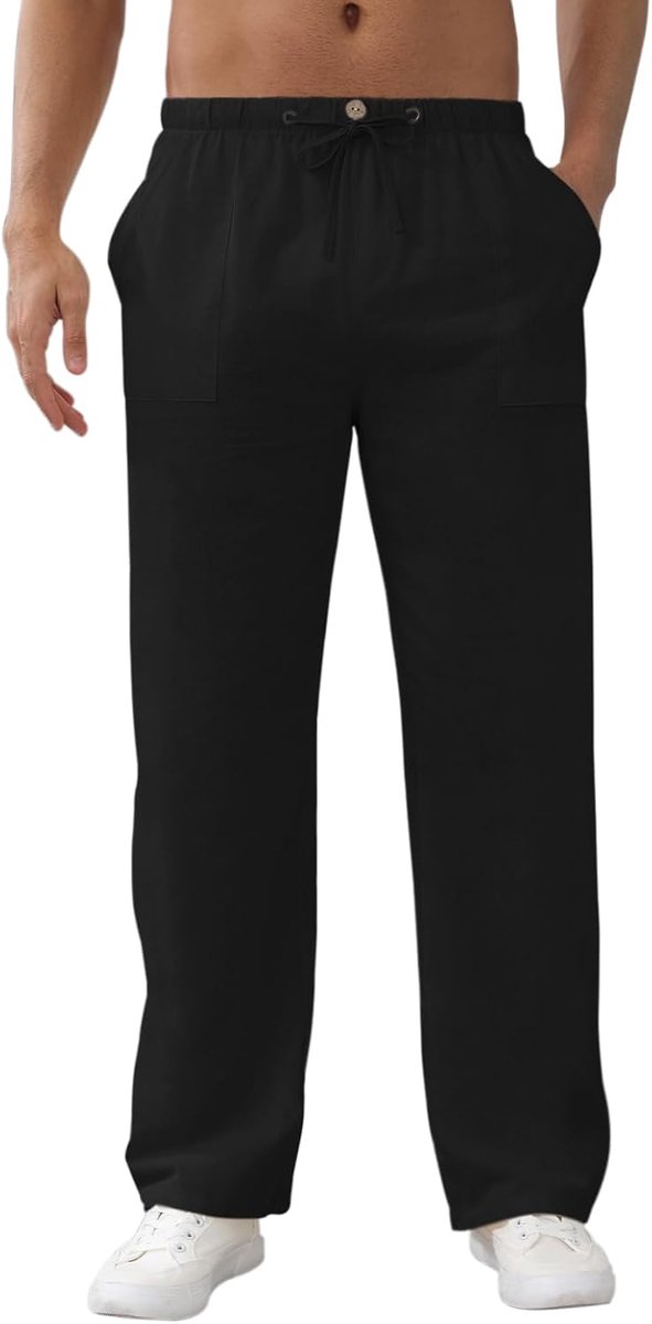 Zomerbroek voor heren, linnen broek, lichte zomerbroek, losse vrijetijdsbroek met zakken, elastische tailleband en trekkoord