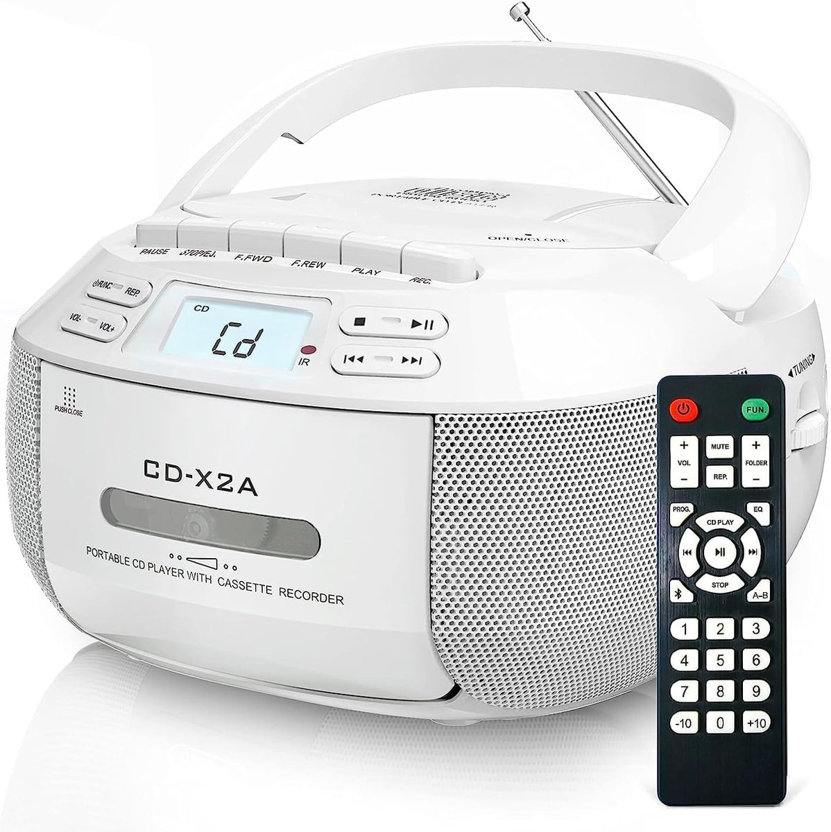 CD-speler met Bluetooth, FM-radio, USB/AUX-weergave, stereo, afstandsbediening, cassette-opname, AC/DC-voeding, persoonlijke CD-speler voor thuisgebruik (wit).