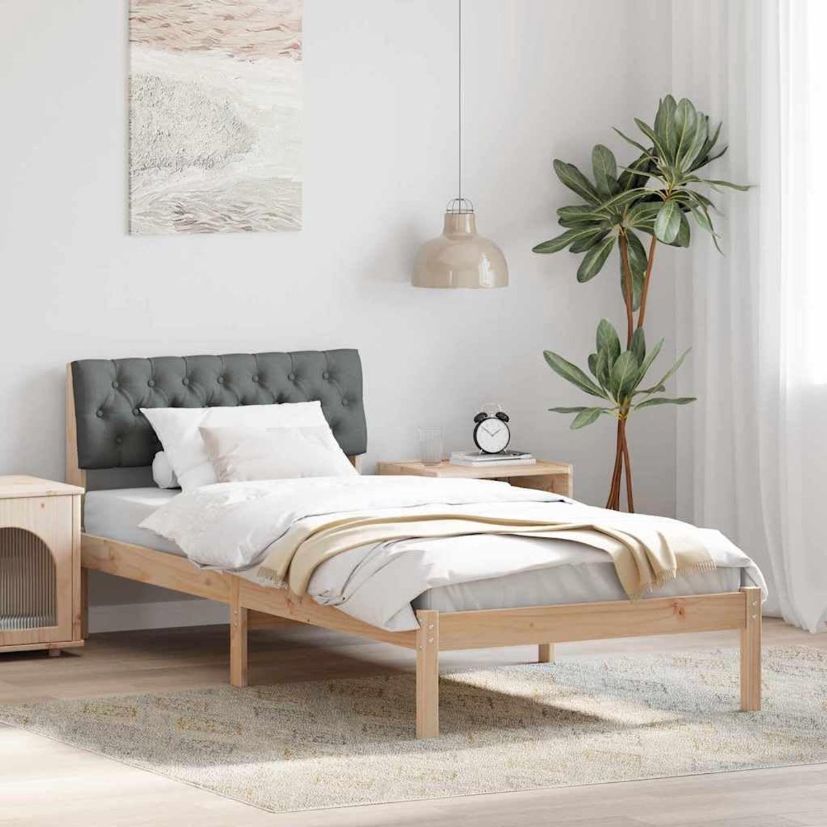 Grenenhout platformbed met wandbord 90x190 cm bruin donkergrijs