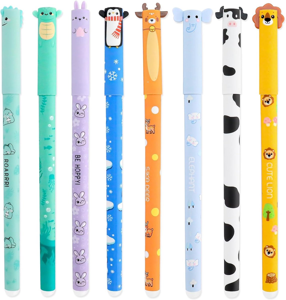 Gelpennen, uitwisbaar, kleurrijk, met dierenkop, 0,7 mm, uitwisbare gelpennen, glad schrijven, thermische inkt voor school, kantoor, schrijven, cadeau-idee, 8 stuks