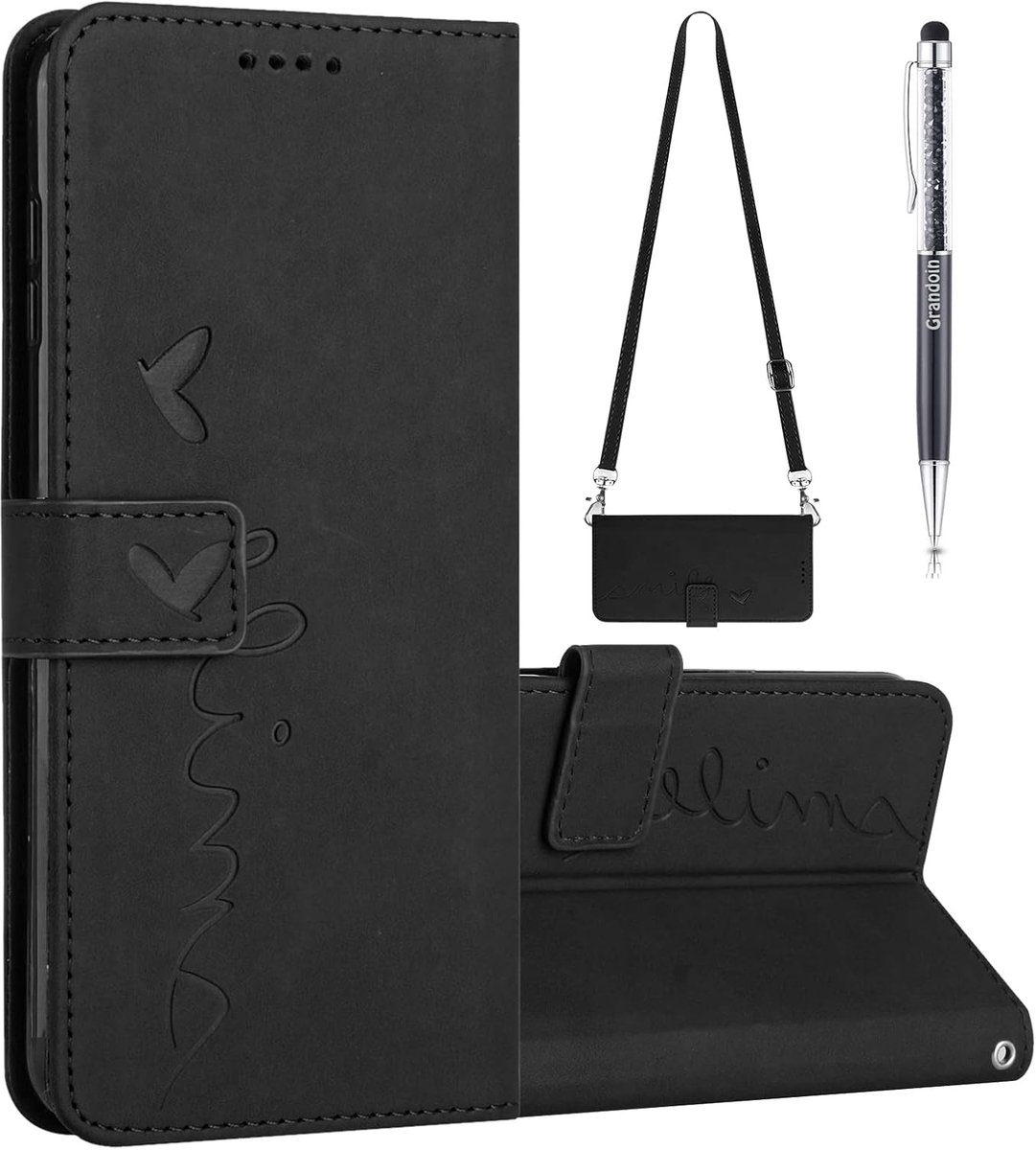 Compatibel met iPhone 11 hoes met koord, telefoonhoes voor iPhone 11 (6,1 inch) met ketting, lederen cover, klaphoes, stootvaste beschermhoes, magneet voor meisjes, telefoonhoes met ketting om te hangen (zwart)