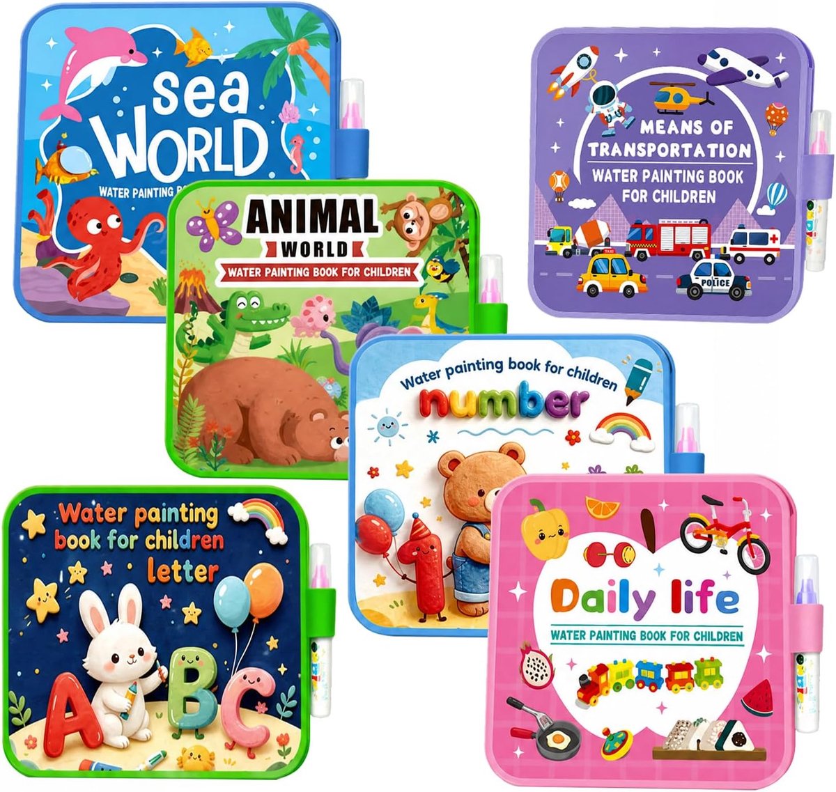 Set van 6 EVA-waterkleurboeken met waterstiften, scheurvast en waterdicht