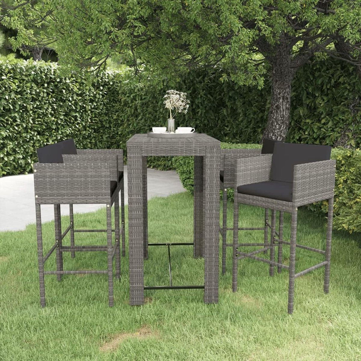 5-delige set tuinbars met kussens, polyrotan bartafel met 4 krukken, tuinmeubelen, tuinbalk, barkruk, polyrotan grijs