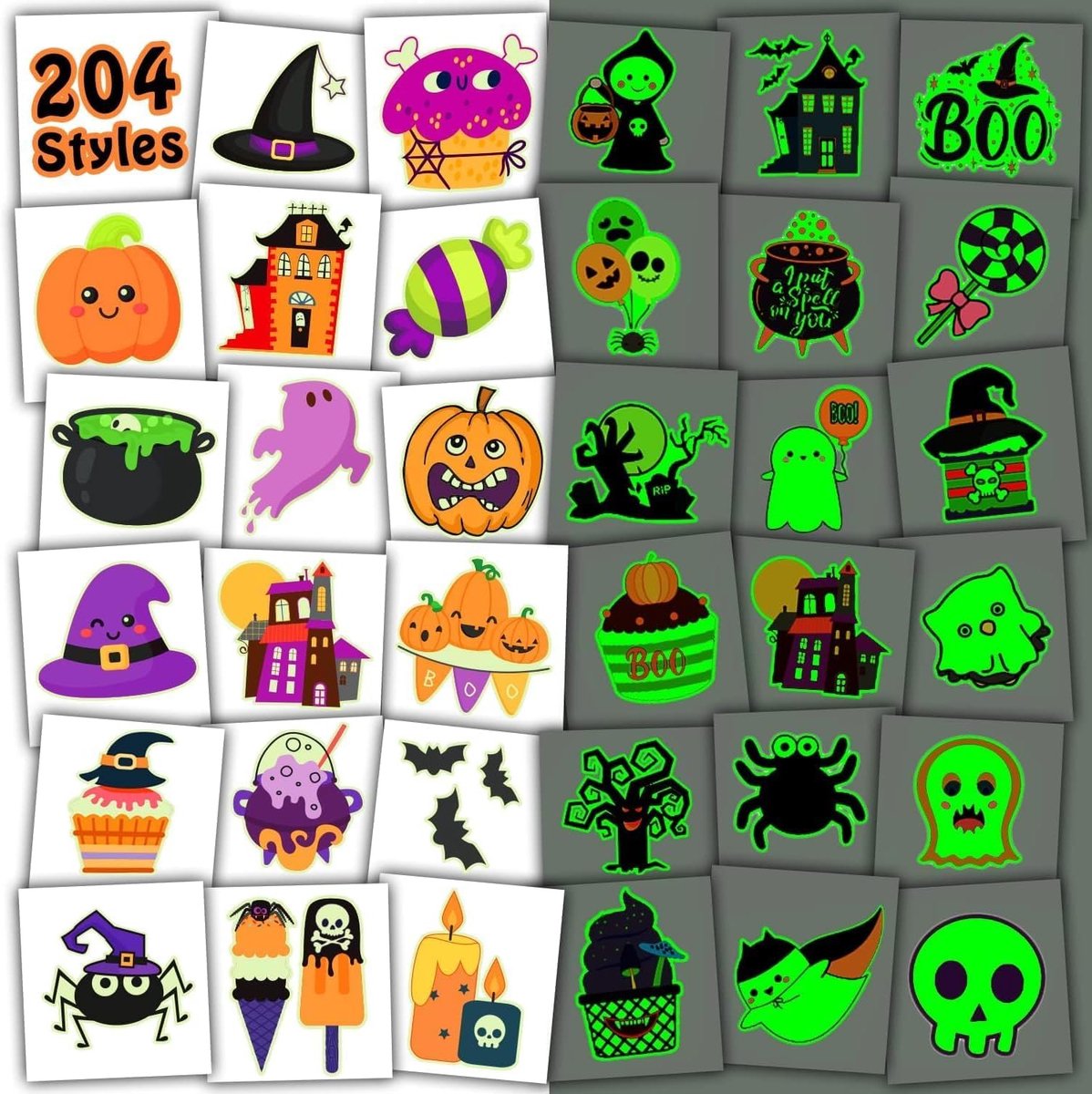 Halloween Party Bag Fillers, 204 vellen individueel verpakte lichtgevende tijdelijke tatoeages voor Halloween decoraties, Halloween Stickers voor Halloween Verjaardagsbenodigdheden Games Speelgoed Geschenken Gunsten