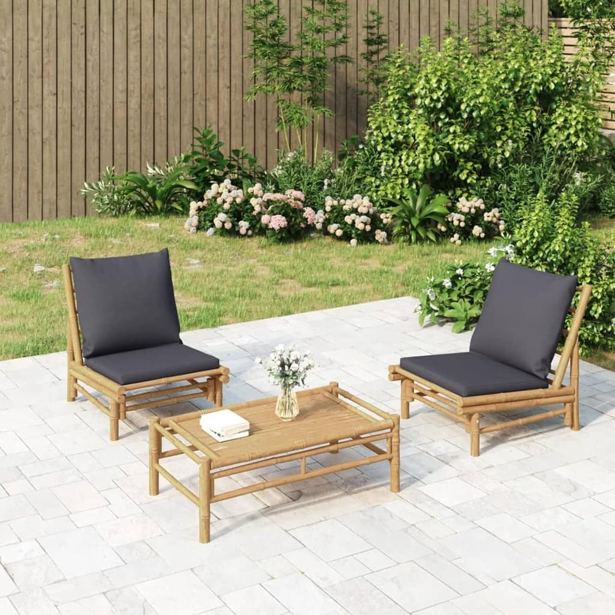 Tuinmeubelset, eetkamer, tuin, tuinmeubelen, tuinbank, outdoorbank, 3-delige tuinmeubelset van bamboe met donkergrijze kussens, 1-2#