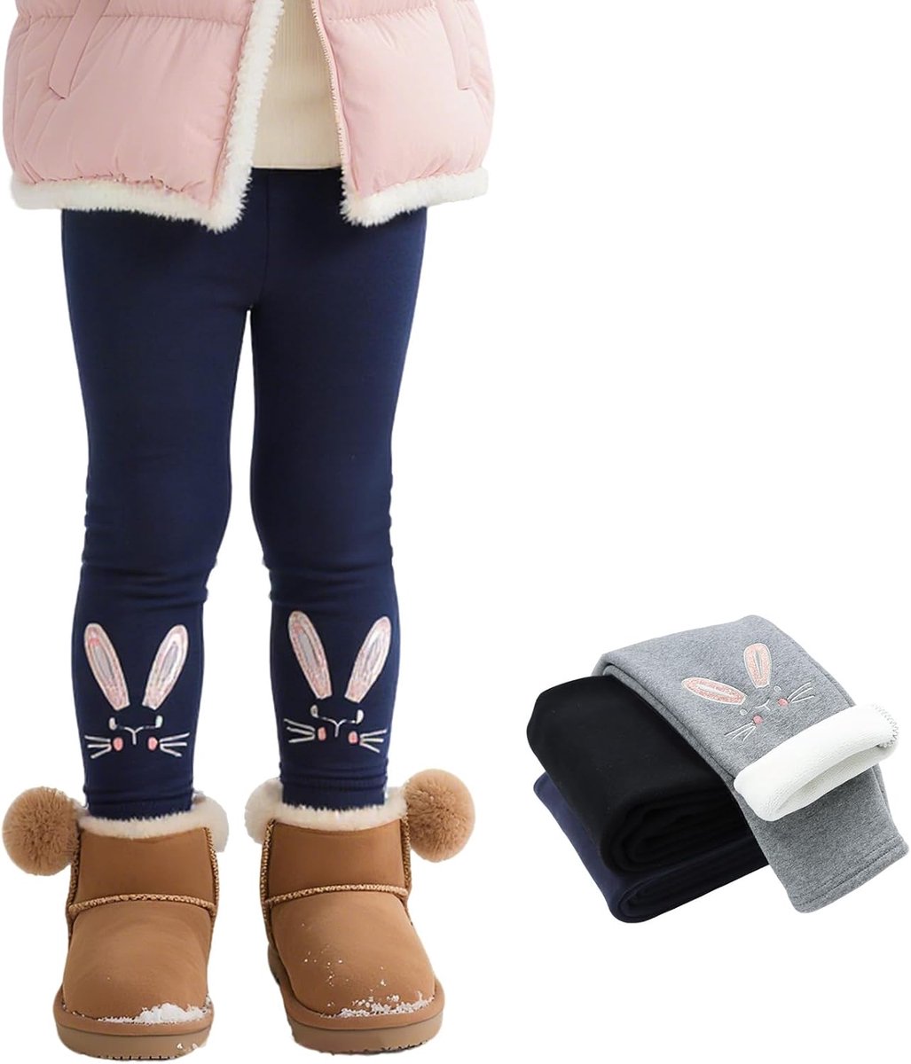 Leggings Meisjes Gevoerde Warme Leggings met Fleece Dikke Lange Broeken Kinderen Katoen Elastische Winterbroek Konijnenpatroon Thermobroek, MAAT 92-146