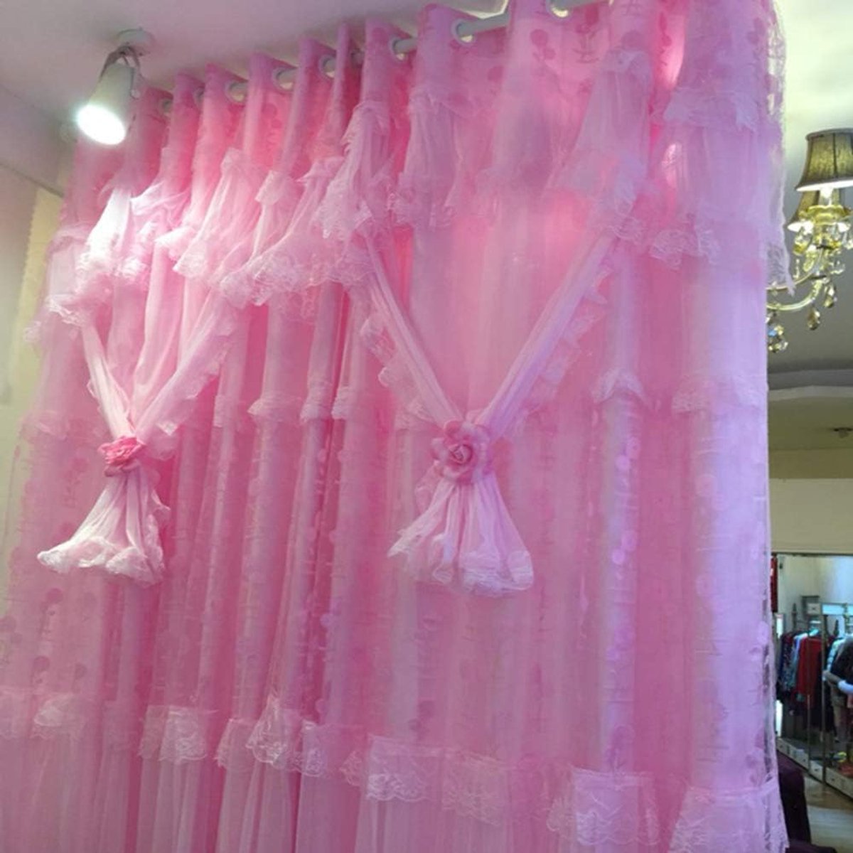Roze/verduistering/gordijn, bloemen/tule/dubbele laag/scheidingswand/prinses/gordijnen, sheer/kant/voile/draperen/panelen/doorvoertule top-roze. 150 * 270cm