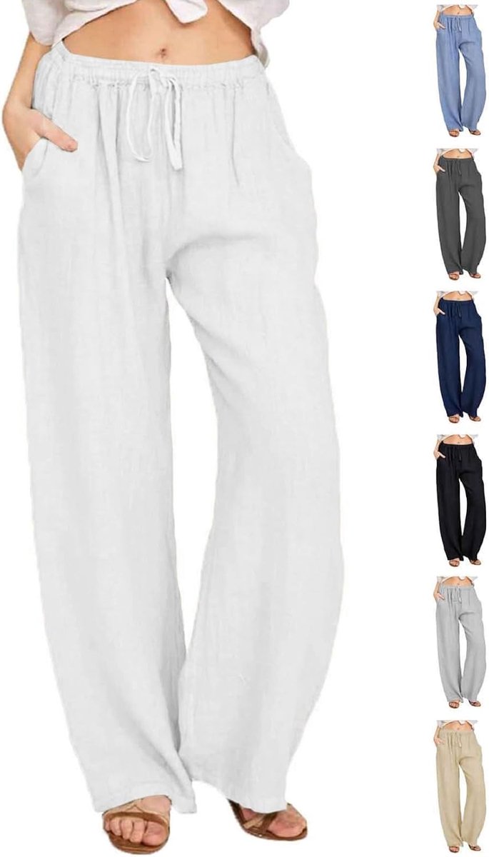 Damesbroek, linnen broek met trekkoord en zakken, casual, effen, zomerbroek, losse vrijetijdsbroek, joggingbroek