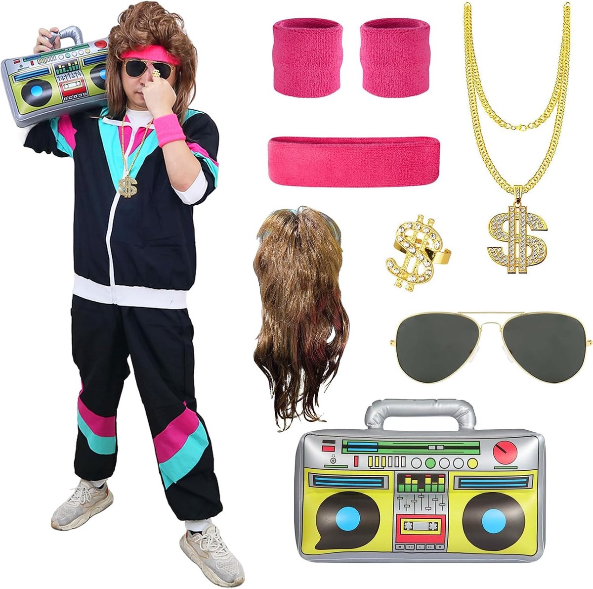 80-kostuum voor volwassenen, jaren 80-outfit, voor heren en dames, trainingspak met Vokuhila pruik, hoofdband, armbanden, bril, radio, para, carnaval