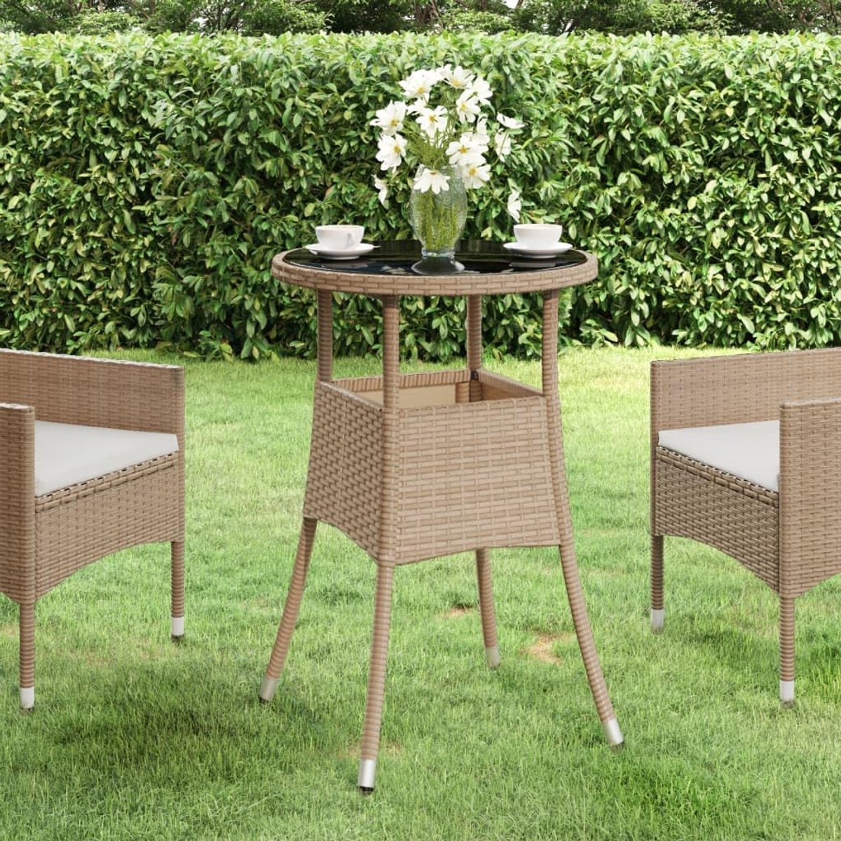 Diameter 60 x 75 cm, gehard glas en polyrotan, beige, patiotafel, loungetafel, balkon, eettafel, buitentafel voor tuinen, terrassen, balkons