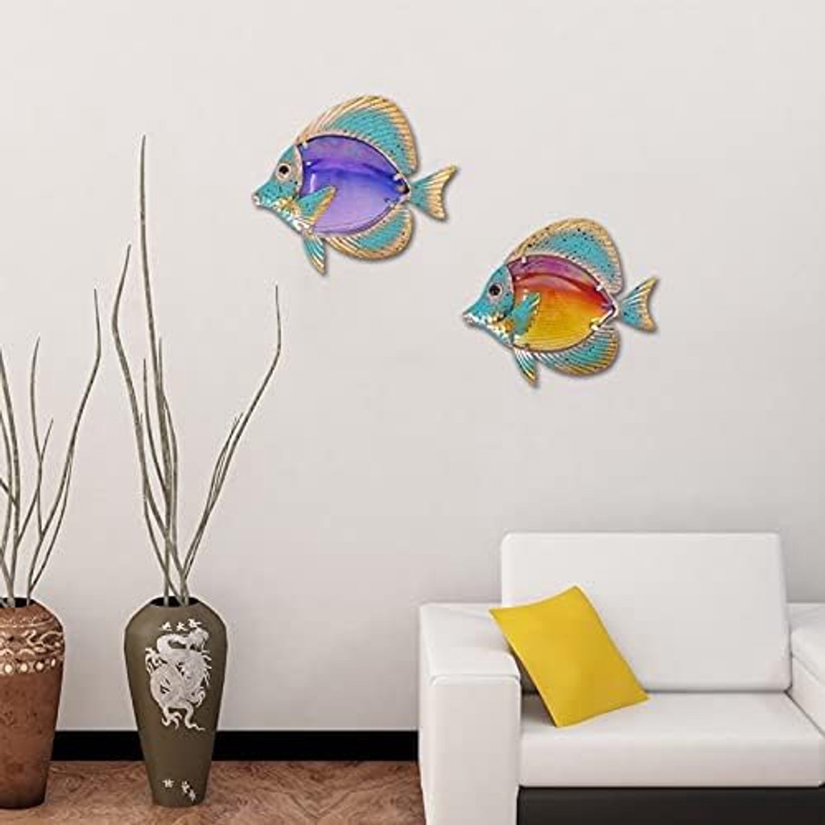 Metalen Vis Muur Kunst Voor Huis En Tuin Decoratie Outdoor Animales Jardin Met Kleur Glas Beelden Sculpturen Set Van 2 Tuin Decoratie (Color : MULTI) good