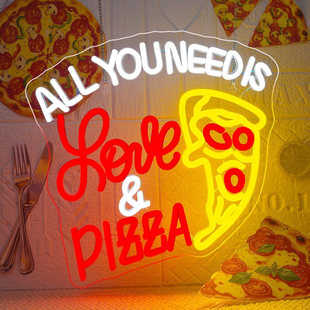 Alles wat je nodig hebt is liefde & pizza neonbord, neonbord, led-neonlicht voor wanddecoratie, de keuken, pizzarestaurant, bar, winkel, speelkamer, mannengrot, feestdecoratie