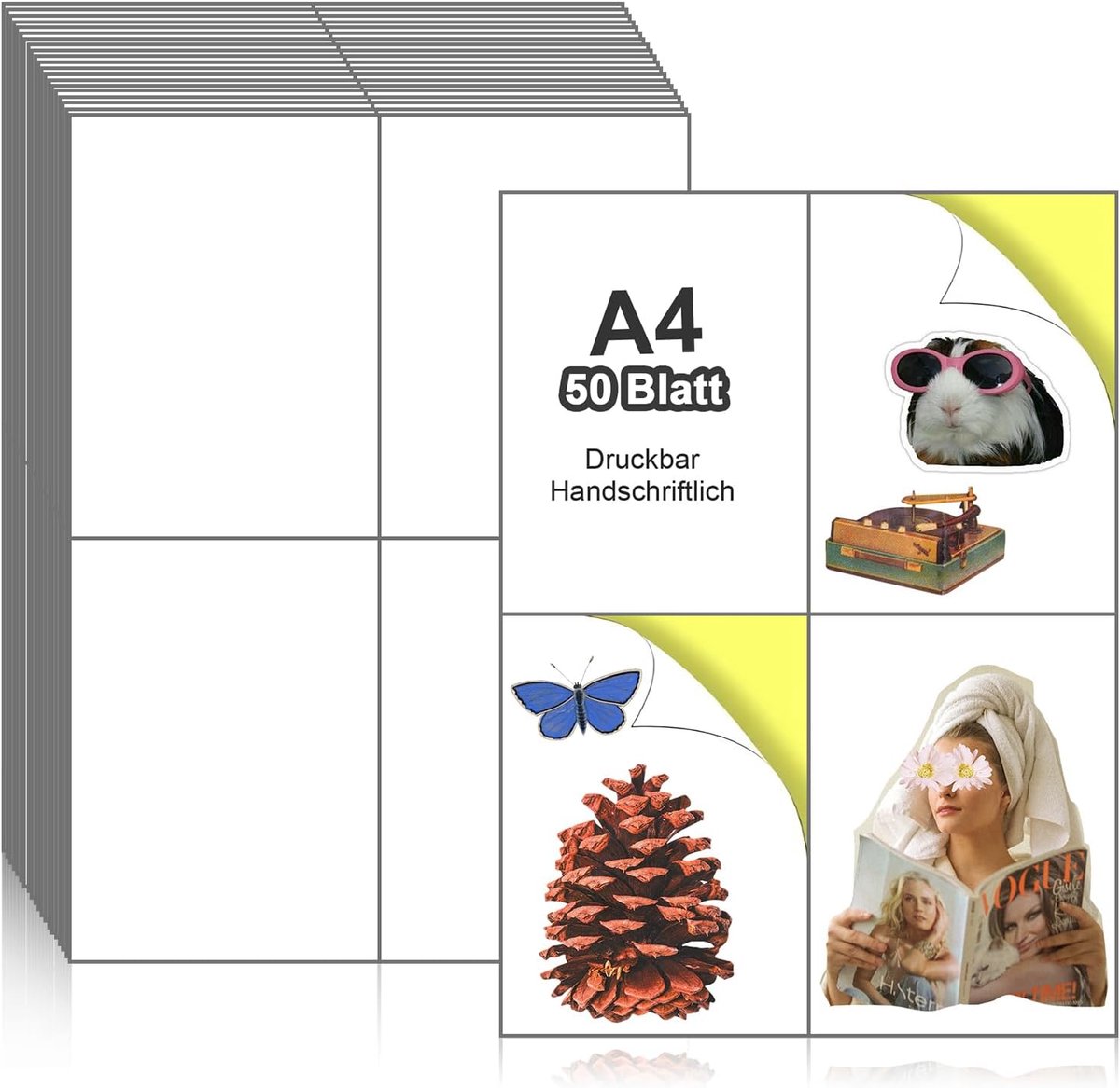 printerpapier, A4, 50 vellen, zelfklevende etiketten, 4 etiketten per vel, 148,5 x 105 mm (A6), voor laser- en inkjetprinters