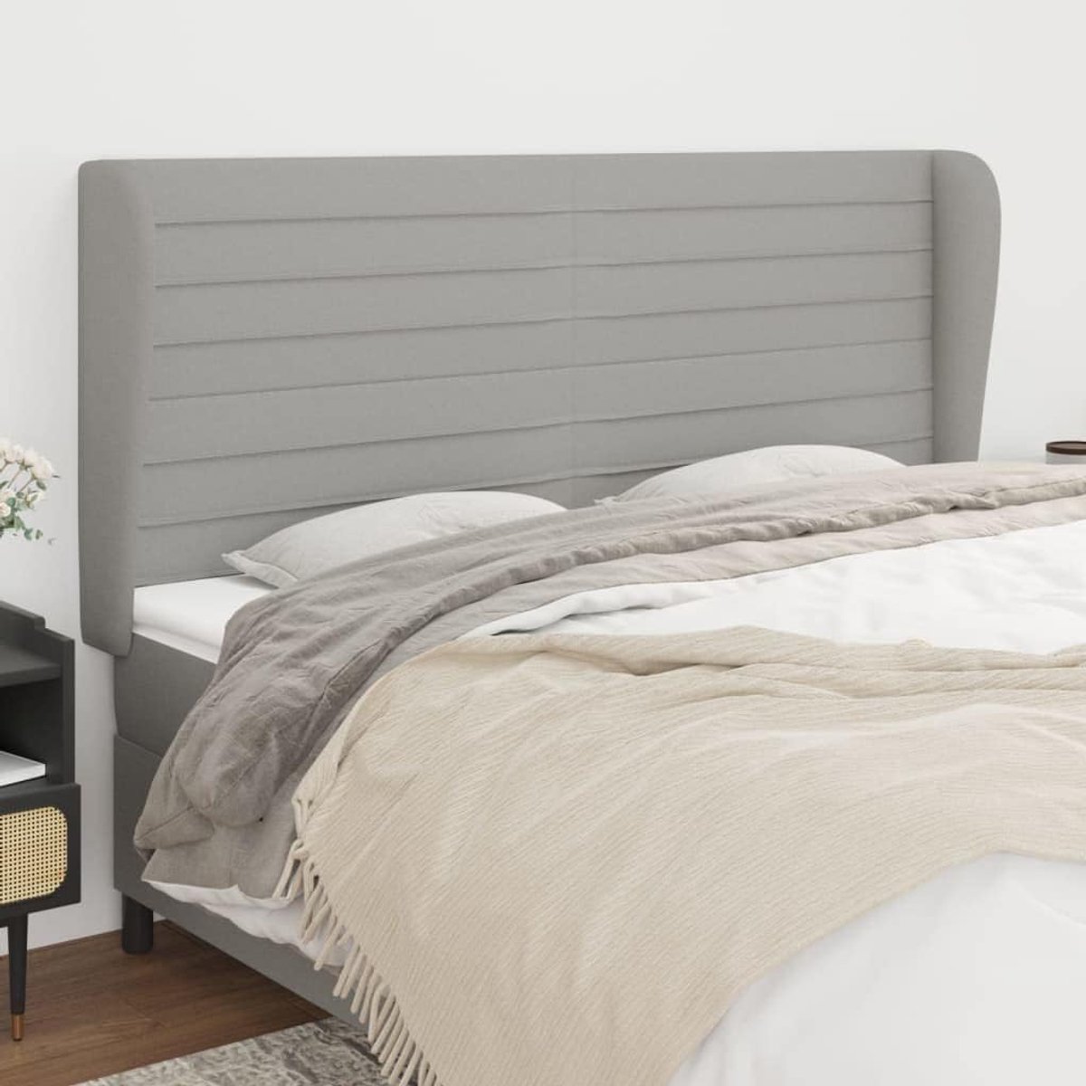 Hoofdsteun met oren, lichtgrijs, 183 x 23 x 118/128 cm, stoffen hoofdeinde voor slaapkamer, slaapkamer, hotels
