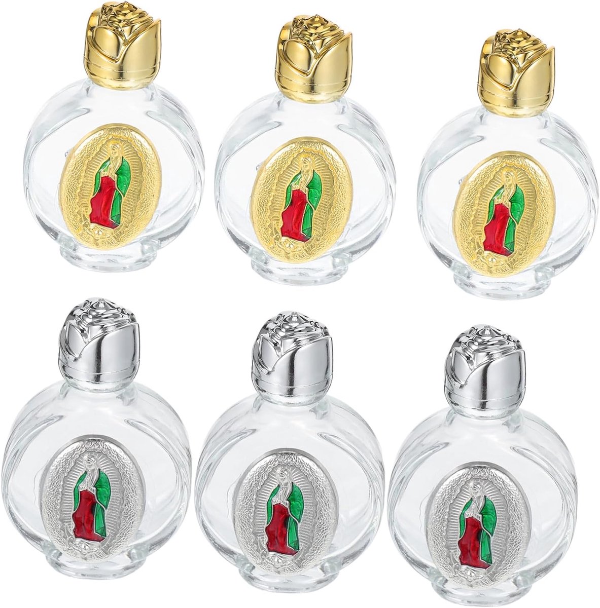6 Stuks Delige Heilige Waterflesjes met Reliëf Glazen Legering Materiaal Draagbare Religieuze Flessen met Rozenmotief voor Kerk Communie Bruiloft Decoratie