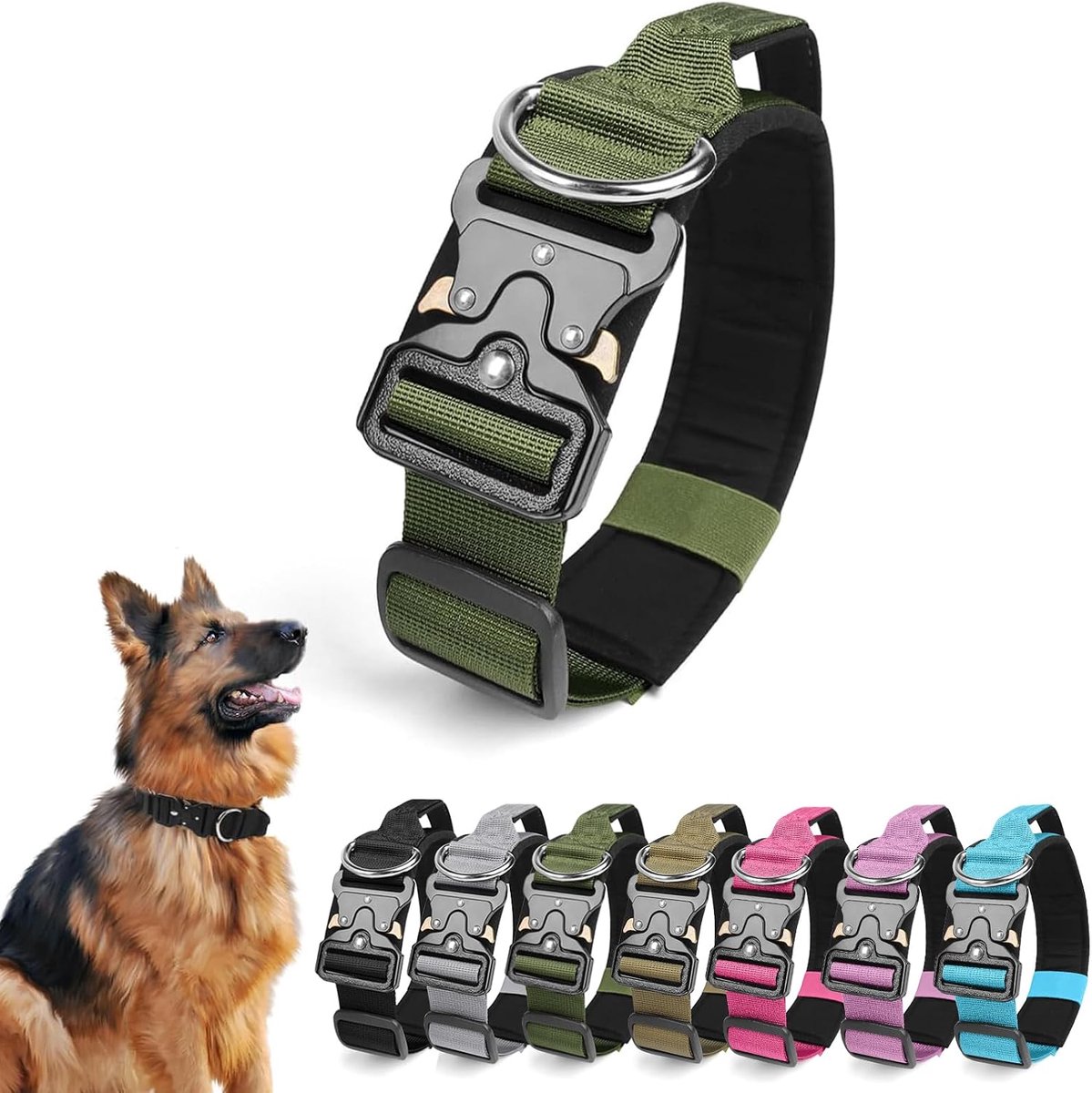 hondenhalsband met handvat, verstelbare hondenhalsband van polypropyleen met metalen gesp, middelgroot, gewatteerd, zacht, tactische hondenhalsband (militair groen, XL)