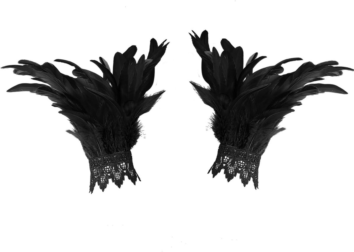 2 stuks dames handschoenen met veren polsmanchetten,Gotische mesh handschoenen,Zwarte kanten handschoenen met veren voor dance Cosplay Halloween kostuum