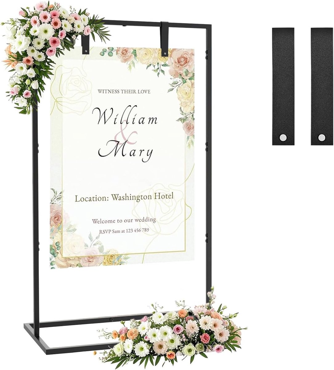 164 x 76 x 51 cm Welkom bij onze trouwbordstandaard, zware schildersezelstandaard voor bord met 4 lederen riemen, geschikt voor zitkaart, receptie, posters en decoratie (zwart)