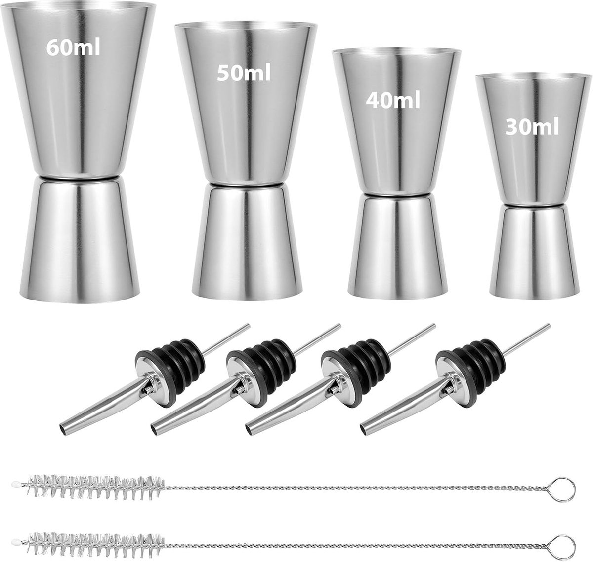 Maatbekerset van roestvrij staal, met 4 schenktuiten en 2 reinigingsborstels, 4 dubbele maatbekers (3cl/4cl/5cl/6cl), professionele barmaat voor feestjes, thuisbar en barkeeper