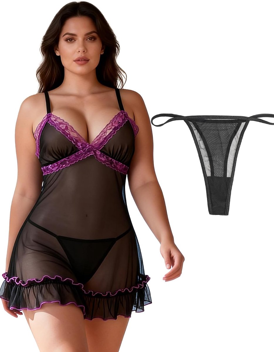 Babydoll voor dames, kant, transparant, nachtjurk met string