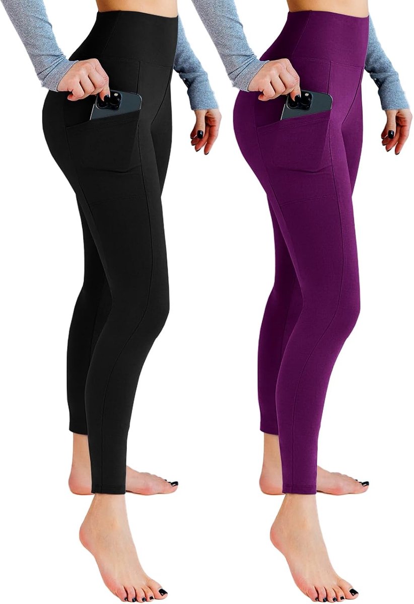 Leggings voor dames, hoge taille, ondoorzichtige leggings met zakken voor work-out, sport, yoga, hardlopen, 2 stuks