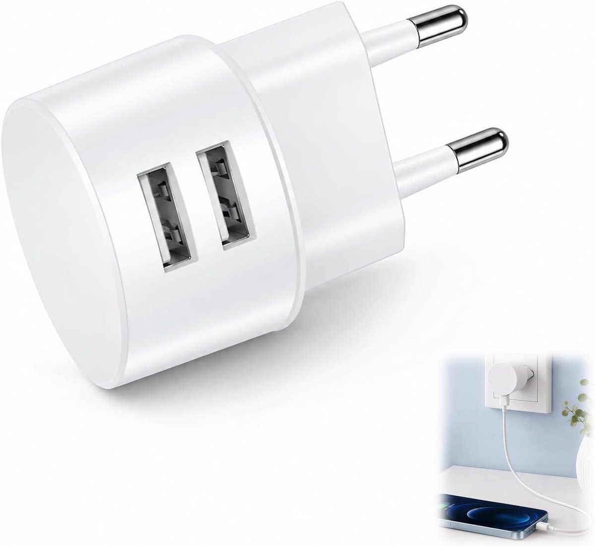 Stopcontact USB A 5 V 2,1 A, compacte USB-netadapter, 2 poorten, zijuitgang, voor smartphone, tablet, e-book, GPS, MP3-speler, MP4-speler, draagbare console, stekkerdoos, kantoor, thuis en