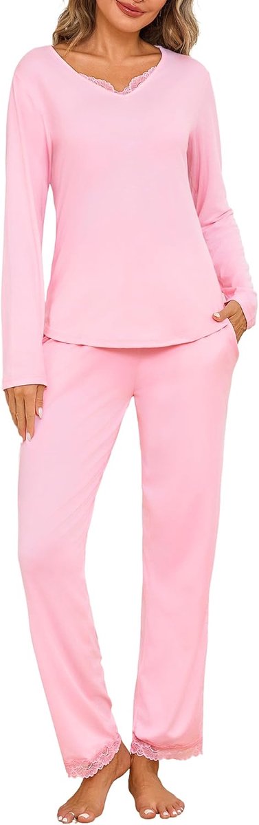 Pyjama voor dames, lange mouwen, pyjamaset voor dames, katoen, winter, V-hals en lange broek van kant met zak, tweedelig