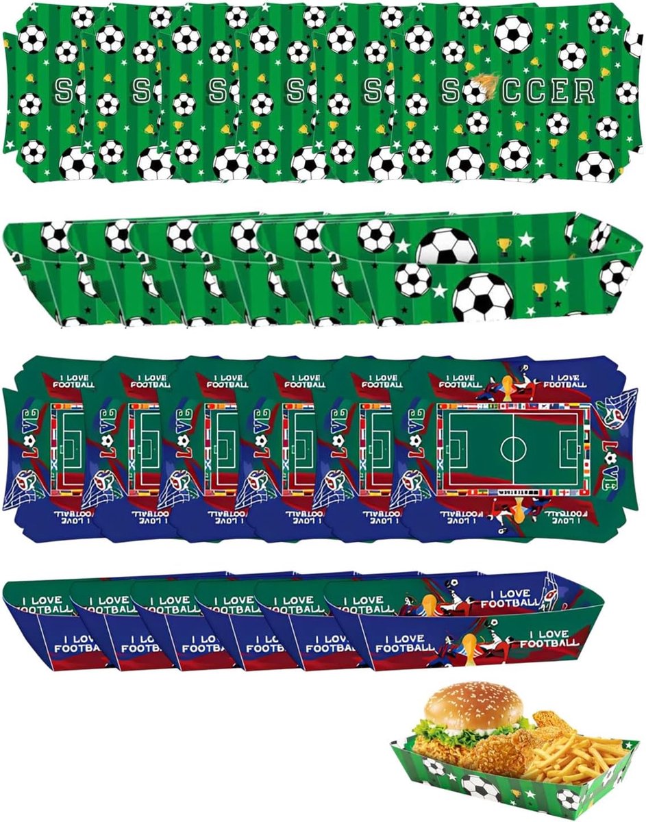 Set, 12 stuks Voetbal Popcorn Snacktabletts, Rasenbuchstaben Party Tabletts, Waterdichte Fettdichte Stadion Snackboxen voor Nachos, Desserthouder, Voetbal Deko