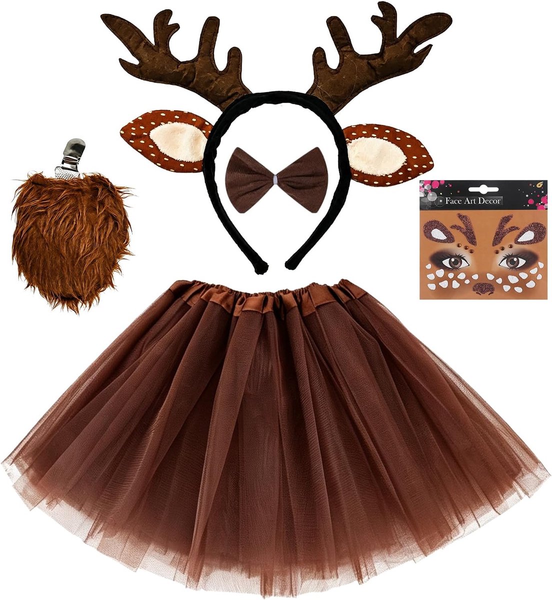 Kostuumset, giraffen-dierenkostuum inclusief hoofdband, staart, gezichtsstickers, vlinderdas, tutu, opvallende accessoires voor Halloween, verjaardag, carnaval, cosplay, 5 stuks