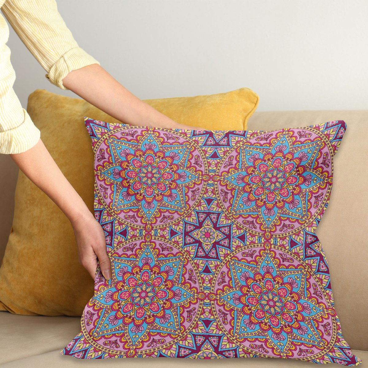 ABAKUHAUS Lila Mandala Kussenhoes, Hippie, Kussenhoes zonder Binnenkussen, met Ritssluiting, Dubbelzijdige Print, Wasbaar, 50 x 50 cm, Meerkleurig