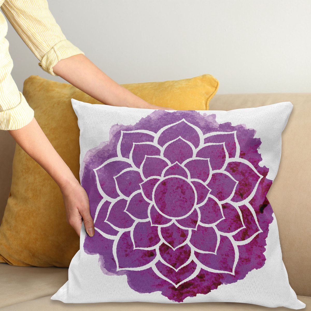 ABAKUHAUS Lila Mandala Kussenhoes, Meditation Boho, Van Kleurechte Wasbare Stof, Dubbelzijdige Print met Stevige Ritssluiting, 40 x 40 cm, Fuchsia Wit