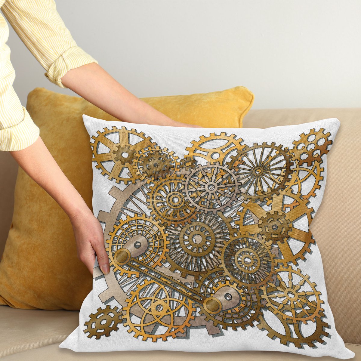 ABAKUHAUS Modern Kussenhoes, Steampunk Gänge Ontwerp, Kussenhoes met Ritssluiting en Dubbelzijdige Print, 60 x 60 cm, Licht Oranje Bruin