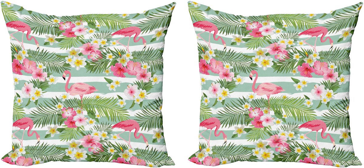 ABAKUHAUS Flamingo Sierkussenhoes Set van 2, Exotische Hawaii-Blad, Modern Accent Dubbelzijdige Digitale Print, 45x45, Groen Wit Roze