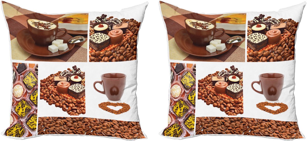 ABAKUHAUS Kaffee Sierkussenhoes Set van 2, Süßigkeiten en Kaffeebohnen, Modern Accent Dubbelzijdige Digitale Print, 40x40, Meerkleurig