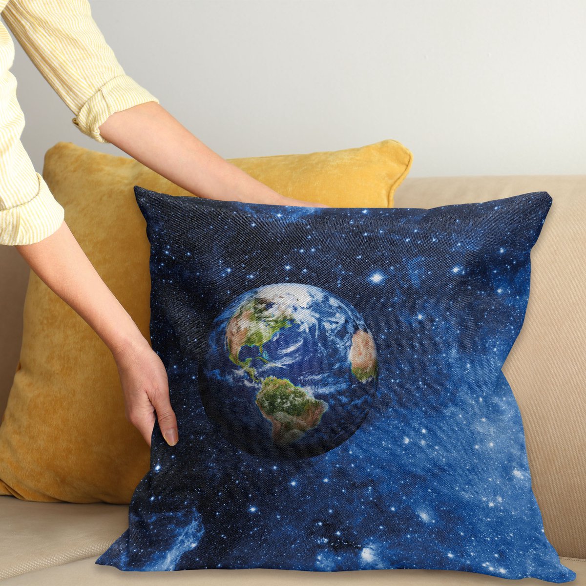 ABAKUHAUS Plek Kussenhoes, Planet Aarde Sonnensystem, Water- en Vuilafstotende Stof met Digitale Print voor Binnen en Buiten, 40 x 40 cm, Blauw Groen