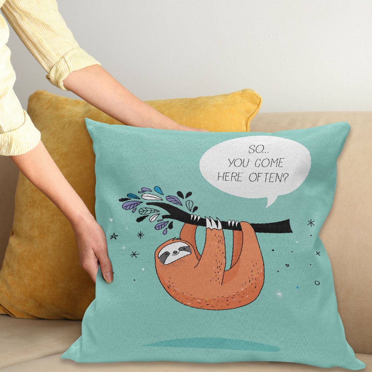 ABAKUHAUS Faultier Kussenhoes, Flirty Sloth Cartoon, Wasbare Sierkussenhoes voor Binnen/Buiten, Dubbelzijdige Print met Ritssluiting, 40 x 40 cm, Meerkleurig
