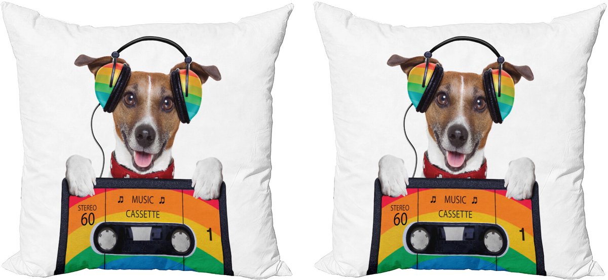 ABAKUHAUS Popstar-Feest Sierkussenhoes Set van 2, Hund Kopfhörer, Modern Accent Dubbelzijdige Digitale Print, 50x50, Meerkleurig