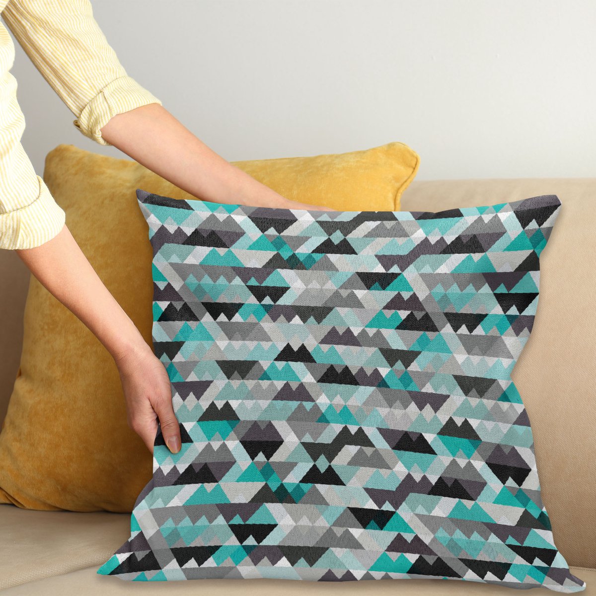 ABAKUHAUS Geometrisch Kussenhoes, Zig Zag-Mozaïek, Wasbare Sierkussenhoes voor Binnen/Buiten, Dubbelzijdige Print met Ritssluiting, 40 x 40 cm, Turquoise Grijs Zwart