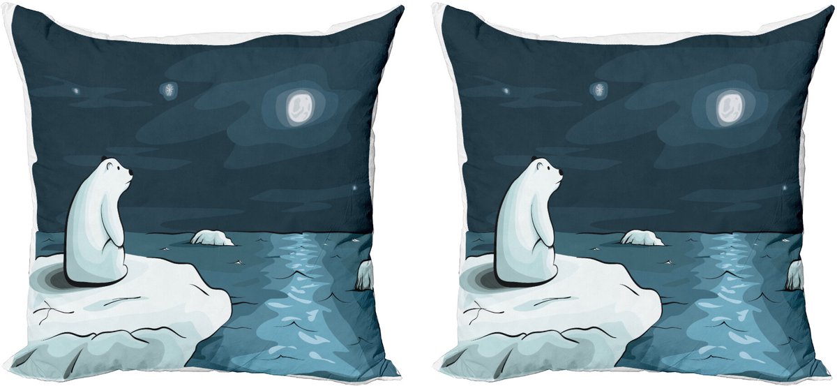 ABAKUHAUS Winter Sierkussenhoes Set van 2, Eisbär-Maan-Karikatuur, Modern Accent Dubbelzijdige Digitale Print, 40x40, Blauw Wit