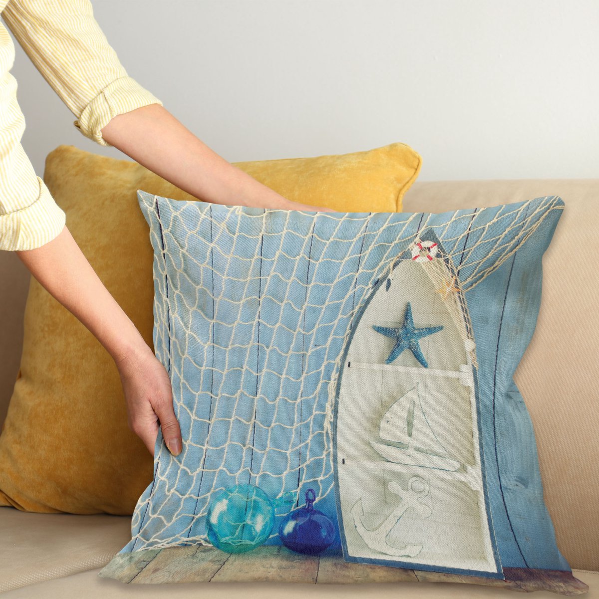ABAKUHAUS Nautisch Kussenhoes, Maritiem Seestern, Digitale Print, Waterbestendig, Kleurecht, Wasbare Kussenhoes met Ritssluiting, 45 x 45 cm, Blauw
