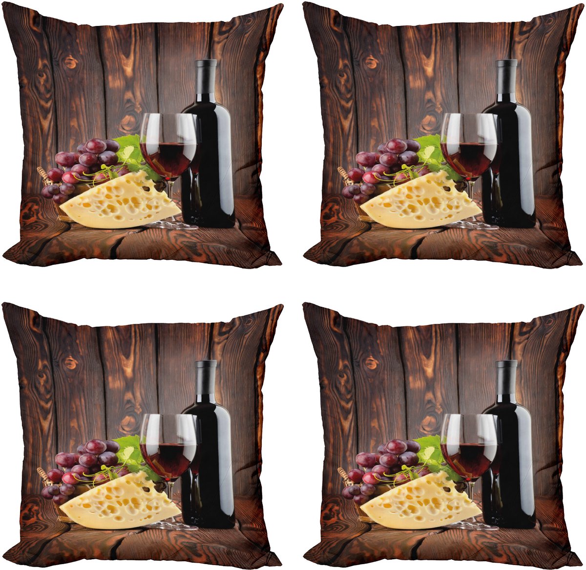 ABAKUHAUS Wein Sierkussen Kussenhoes 4er Set, Cabernet Flasche Käse, Modern Accent Dubbelzijdige Digitale Print, 45 x 45 cm, Bruin Burgundy Crème